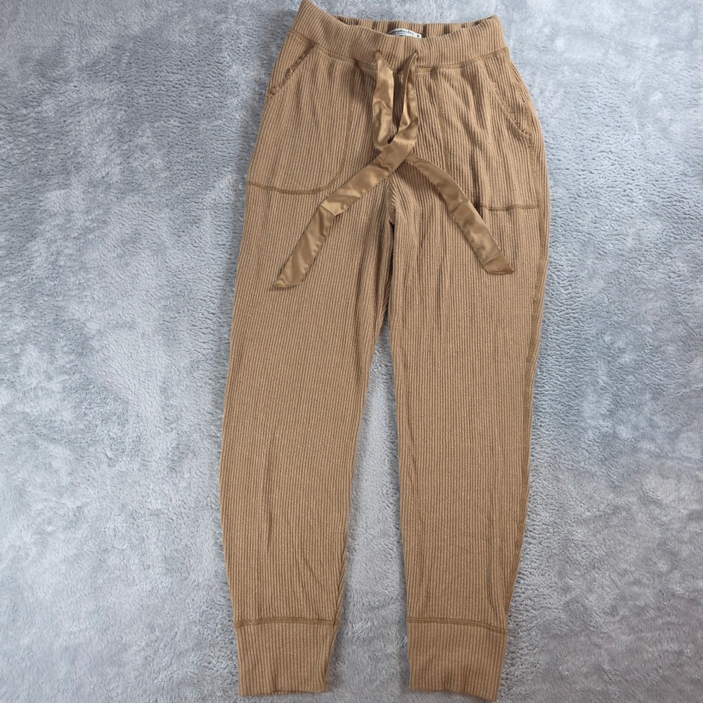 Abercrombie & Fitch Women Med Tan Ribbed Sleepwear Joggers Satin Tie Loungepants